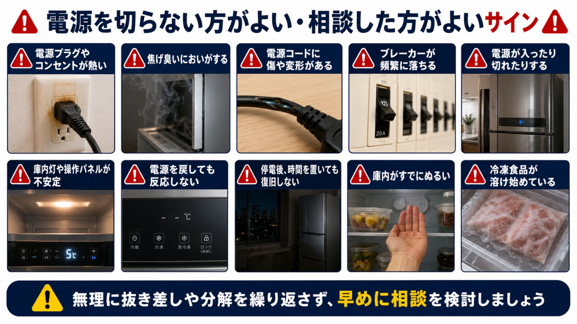 冷蔵庫の電源を切らない方がよい・相談した方がよいサイン