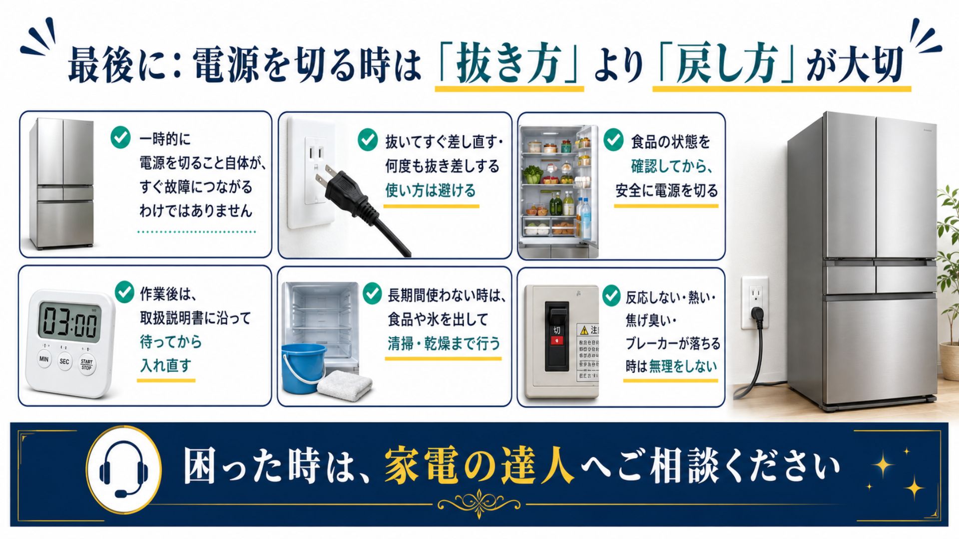 冷蔵庫の電源を切る時は抜き方より戻し方が大切
