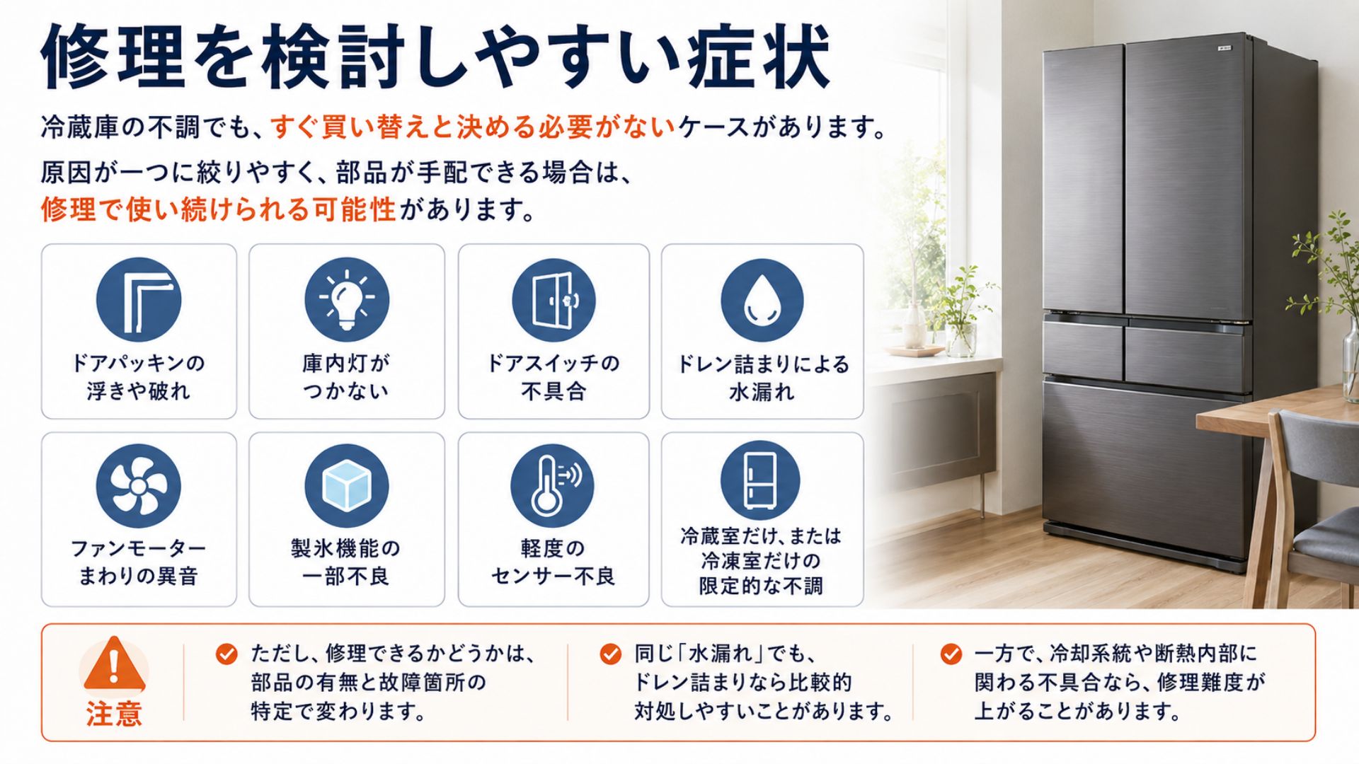 冷蔵庫で修理を検討しやすい症状