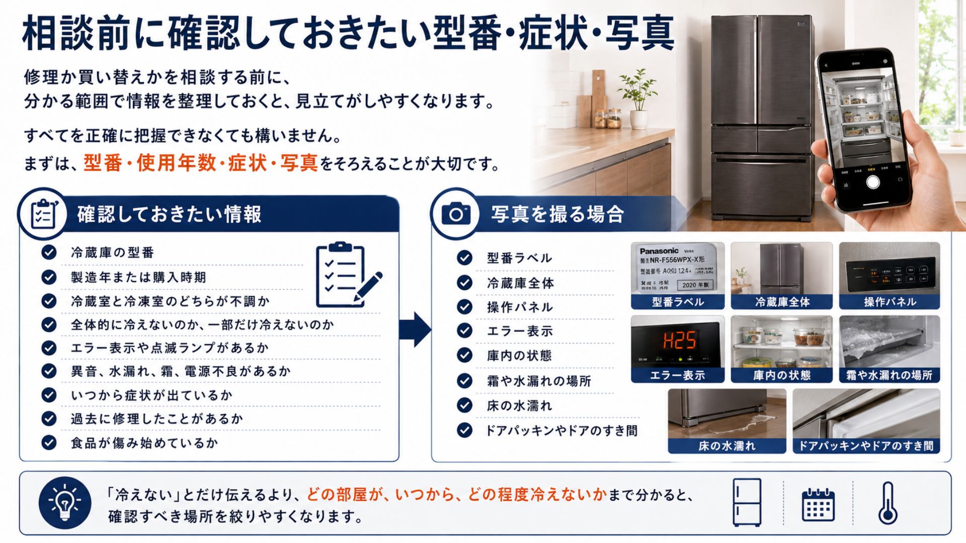 冷蔵庫の修理相談前に確認しておきたい型番・症状・写真
