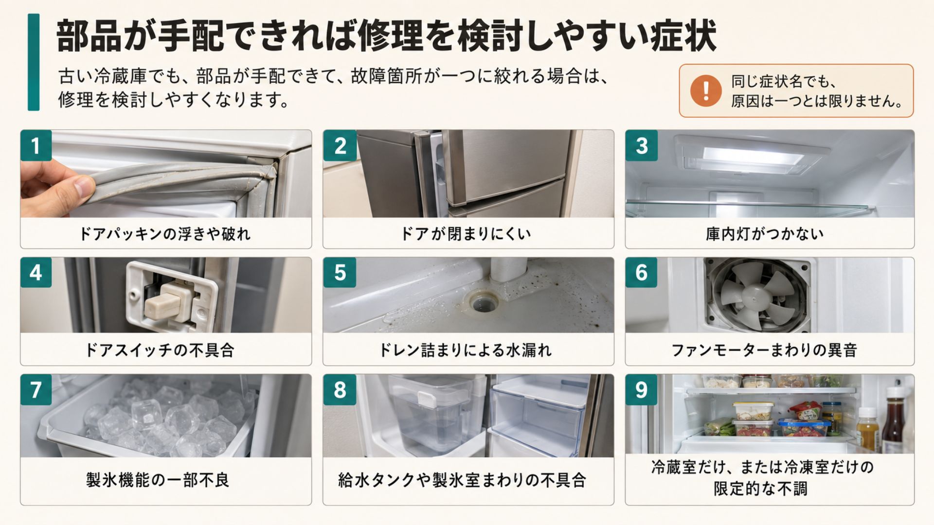 部品が手配できれば修理を検討しやすい古い冷蔵庫の症状