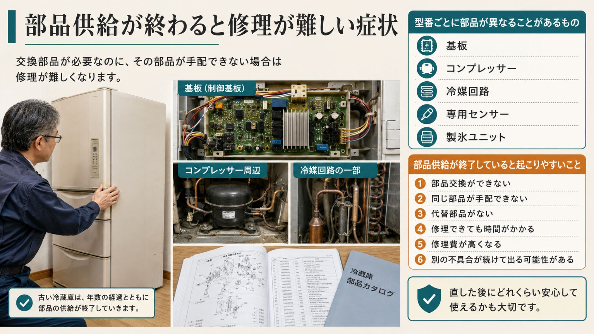 部品供給が終わると修理が難しい古い冷蔵庫の症状