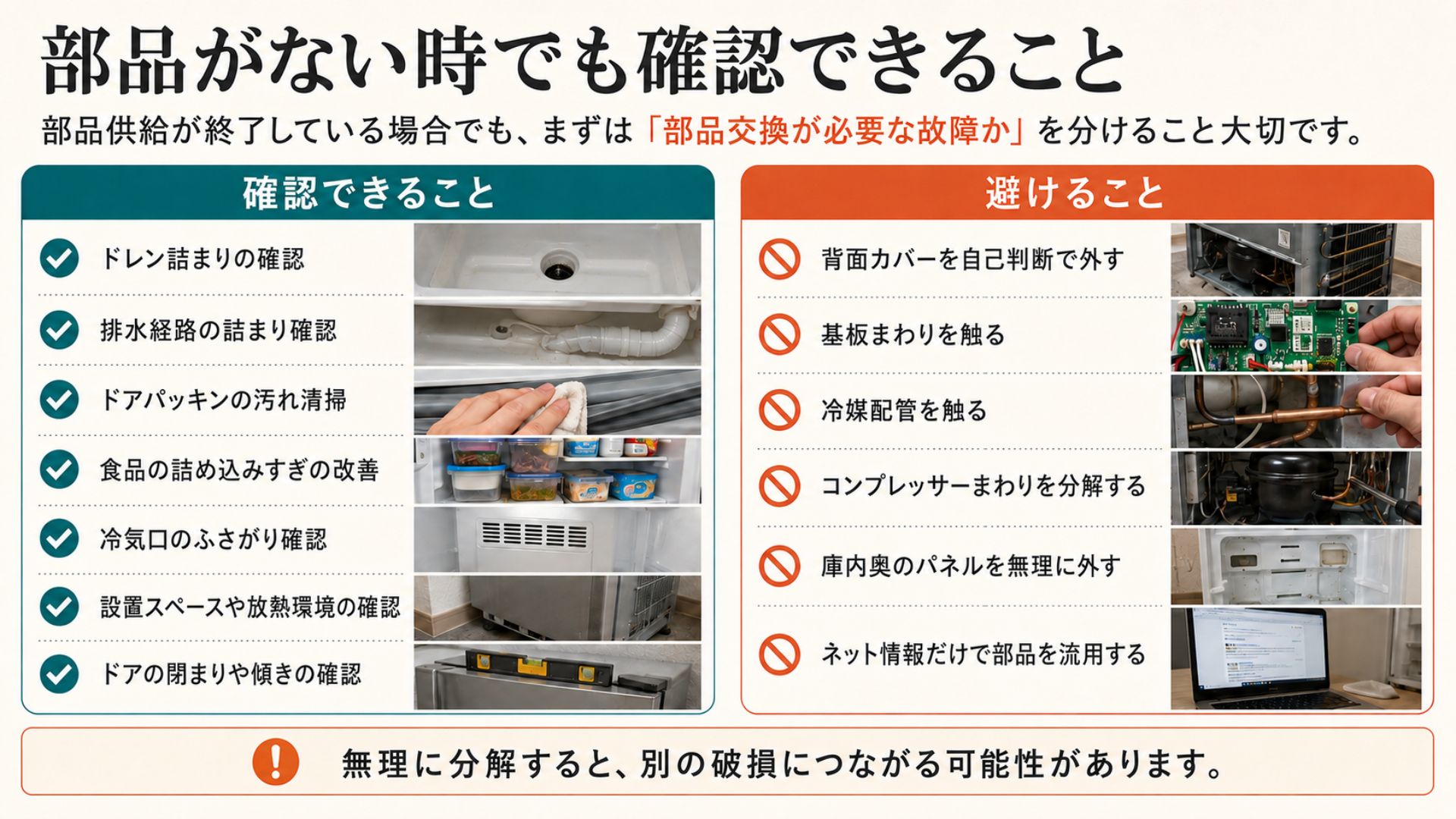 古い冷蔵庫で部品がない時でも確認できること
