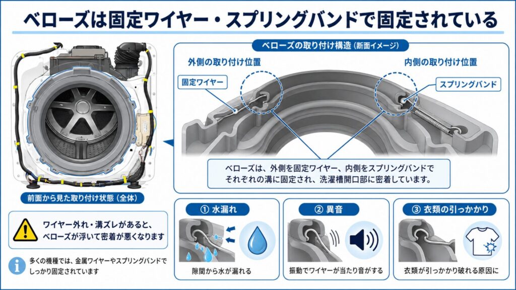 ベローズは固定ワイヤー・スプリングバンドで固定されている