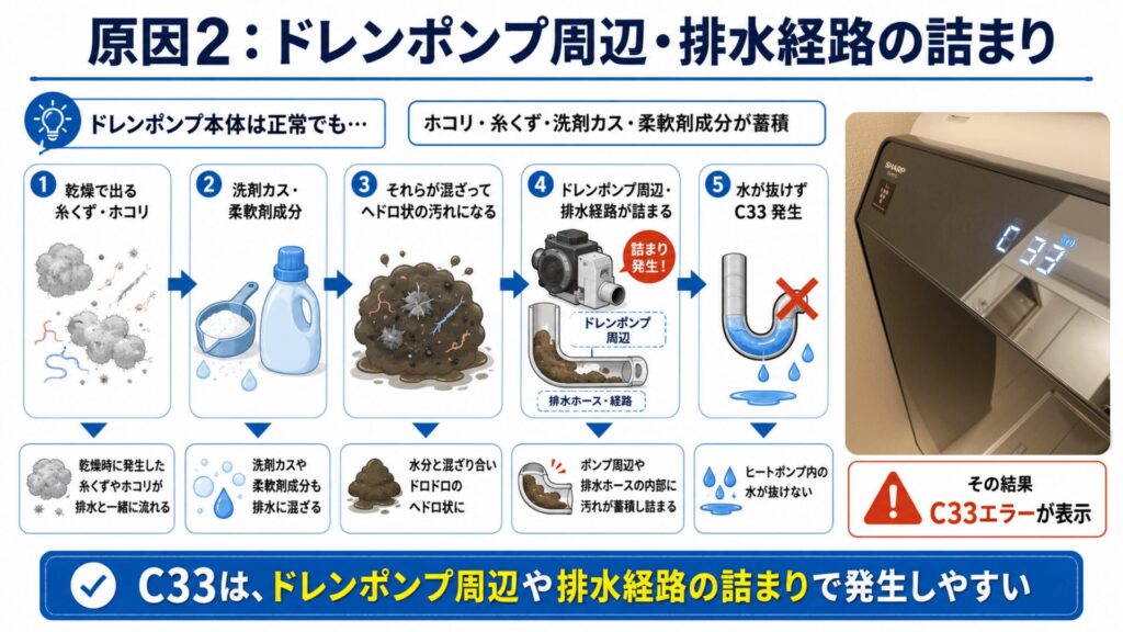 原因2：ドレンポンプ周辺・排水経路の詰まり
