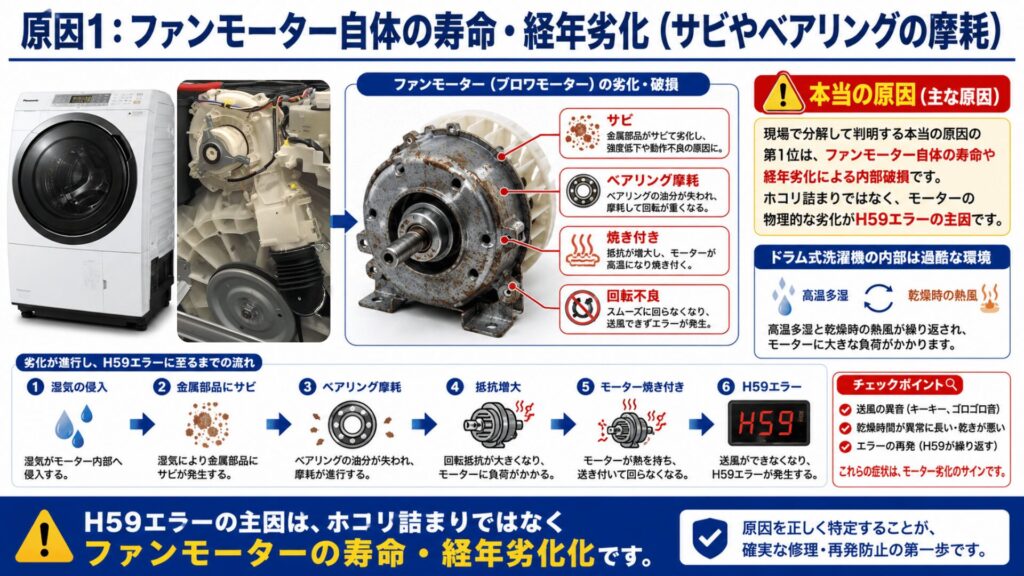 原因1：ファンモーター自体の寿命・経年劣化（サビやベアリングの摩耗）