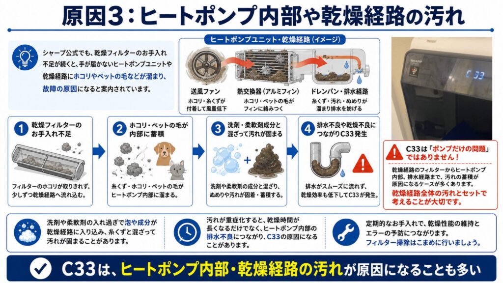 原因3：ヒートポンプ内部や乾燥経路の汚れ