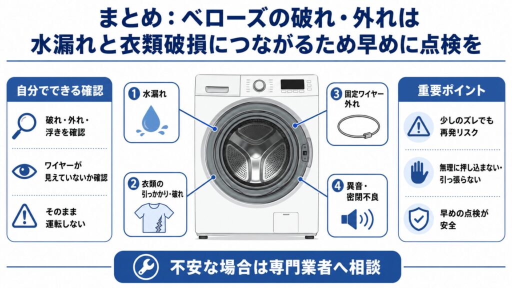 まとめ：ベローズの破れ・外れは水漏れと衣類破損につながるため早めに点検を