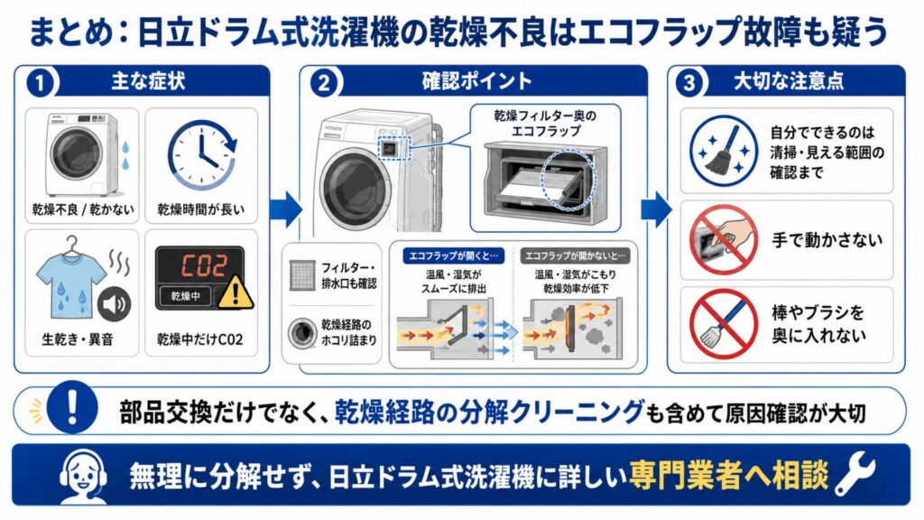 日立ドラム式洗濯機の乾燥不良はエコフラップ故障も疑うまとめイメージ