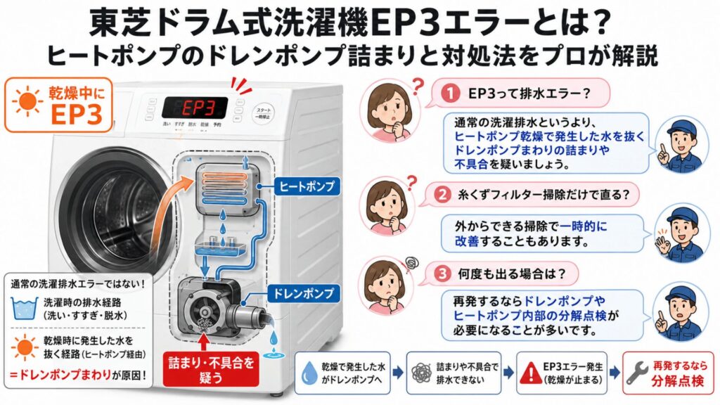 東芝ドラム式洗濯機EP3エラーとは？ヒートポンプのドレンポンプ詰まりと対処法をプロが解説