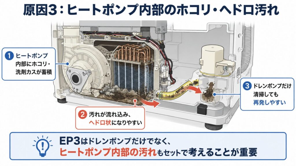 原因3：ヒートポンプ内部のホコリ・ヘドロ汚れ