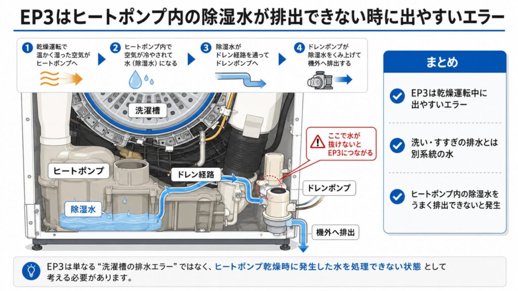 EP3はヒートポンプ内の除湿水が排出できない時に出やすいエラー