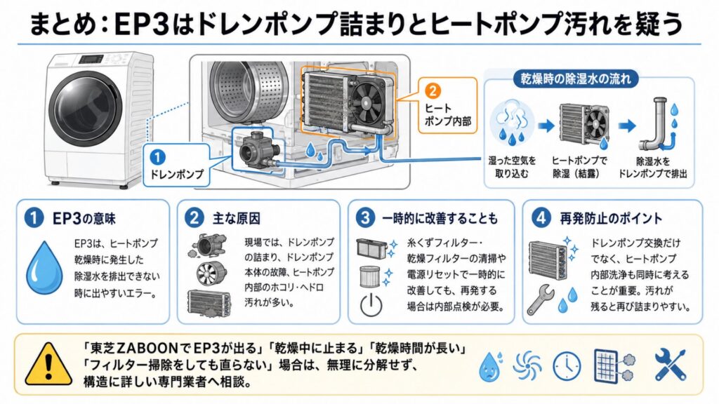 まとめ：EP3はドレンポンプ詰まりとヒートポンプ汚れを疑う