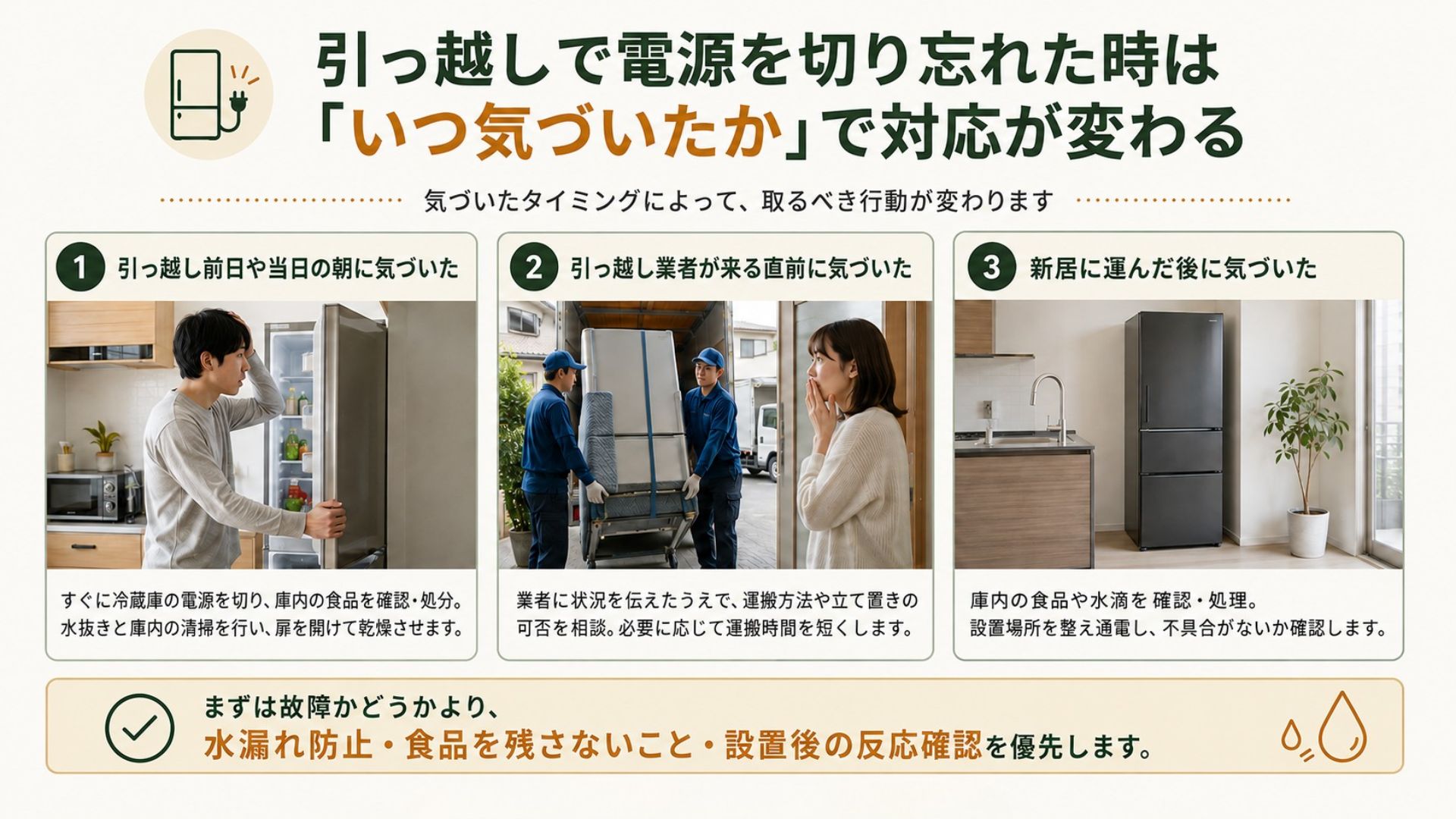 引っ越しで冷蔵庫の電源を切り忘れた時はいつ気づいたかで対応が変わる