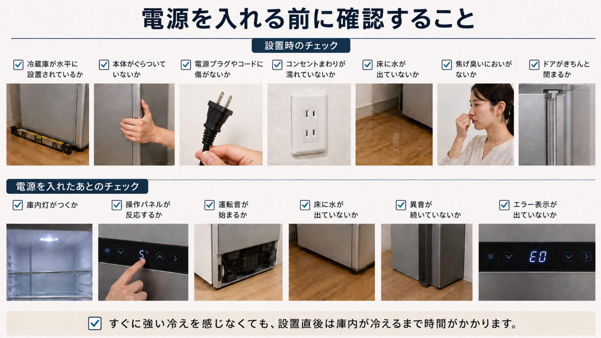 引っ越し後に冷蔵庫の電源を入れる前に確認すること