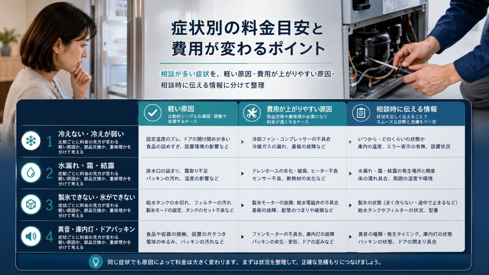 冷蔵庫修理の症状別料金目安と費用が変わるポイント